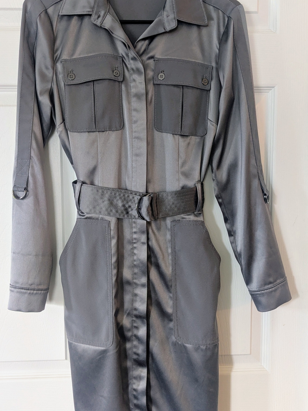 White House Black Market Belted Gray Silk Dress. Size 0